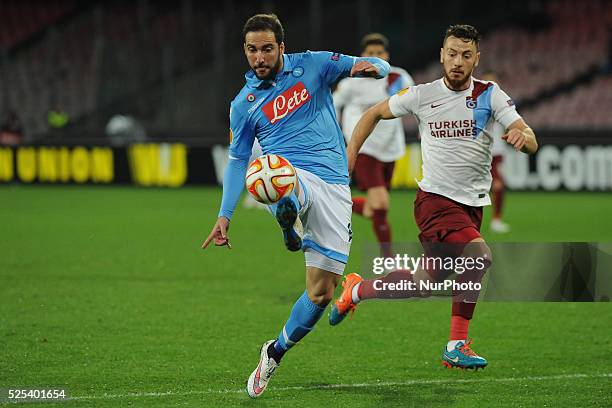 Gonzalo Higuain of SSC Napoli during UEFA Europa League Round of 32 match between SSC Napoli and Trabzonspor at San Paolo Stadium on February 26,...