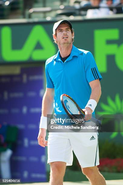 Andy Murray questions a point against Novak Djokovic of Serbia during their match on Day 10