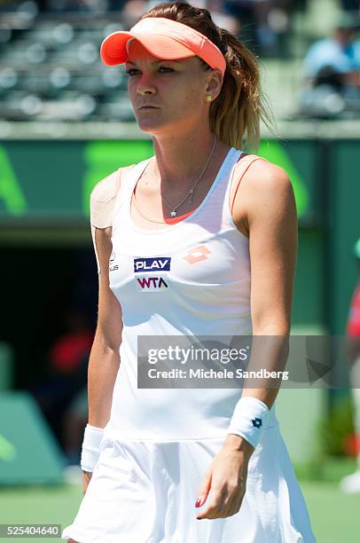 Agnieszka Radwanska of Poland shows her emotion against Dominika Cibulkova of Slovakia during their quarter final round match on Day 10 of the Sony...