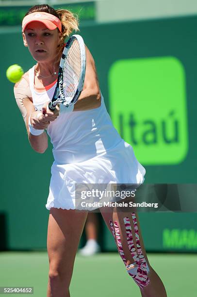 Agnieszka Radwanska of Poland shows her emotion against Dominika Cibulkova of Slovakia during their quarter final round match on Day 10 of the Sony...