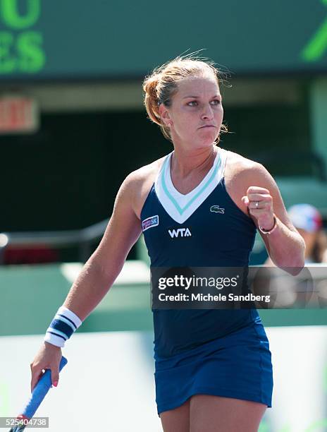 Agnieszka Radwanska of Poland shows her emotion against Dominika Cibulkova of Slovakia during their quarter final round match on Day 10 of the Sony...