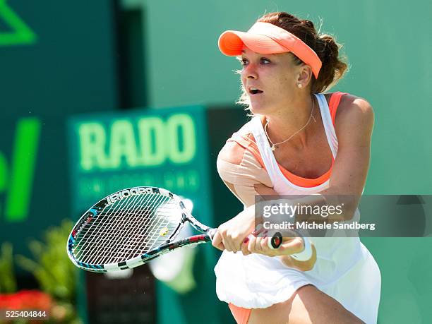 Agnieszka Radwanska of Poland shows her emotion against Dominika Cibulkova of Slovakia during their quarter final round match on Day 10 of the Sony...