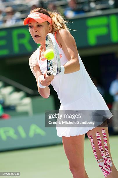 Agnieszka Radwanska of Poland shows her emotion against Dominika Cibulkova of Slovakia during their quarter final round match on Day 10 of the Sony...