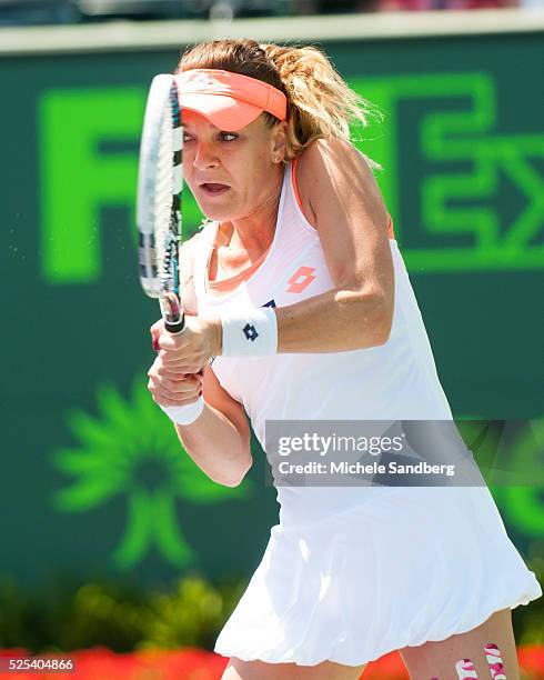 Agnieszka Radwanska of Poland shows her emotion against Dominika Cibulkova of Slovakia during their quarter final round match on Day 10 of the Sony...