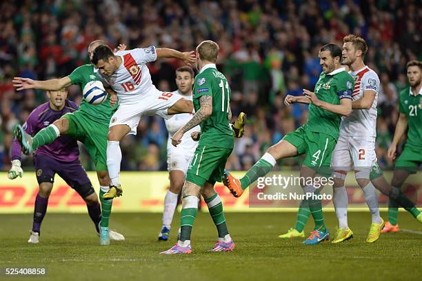 Gibraltar's Brian Perez in action, challenged by Darron Gibson during a UEFA 2016 European Championship qualifing football match between the Republic...