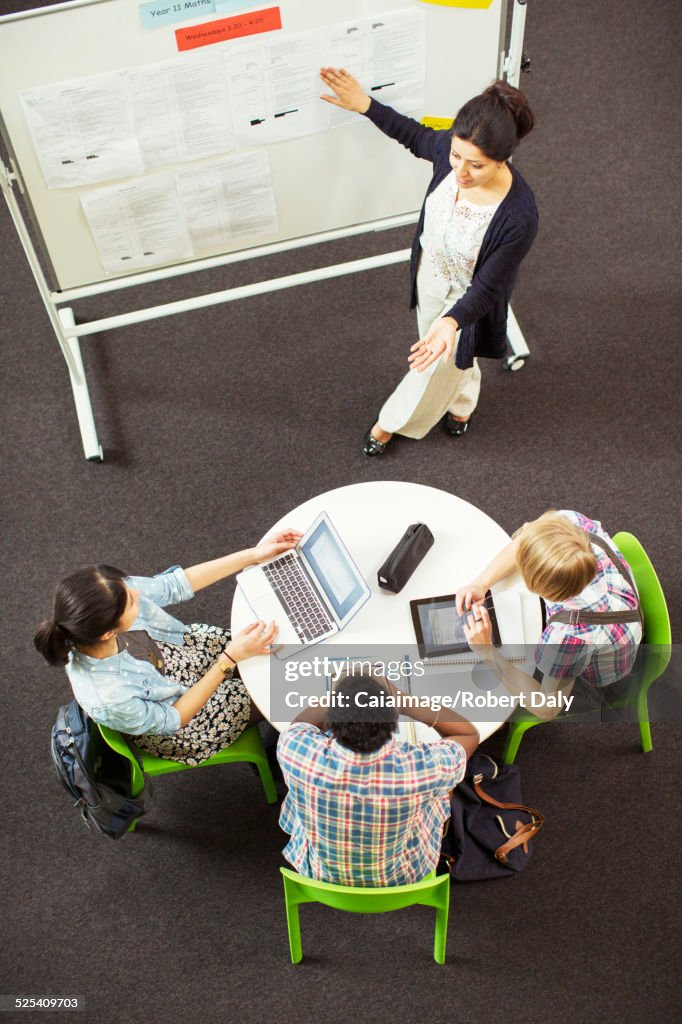 Overhead view of student looking at teacher showing documents on whiteboard