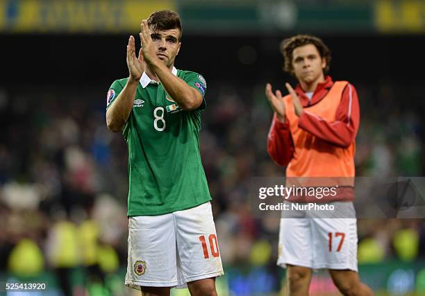 Gibraltar's Liam Walker and James Bosio, thank Gibraltar's supporters at the end of the 15th UEFA European Championship qualifying match, at Dublin's...