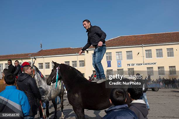 Man dances on top of his horse as Bulgarian Roma celebrate Horse Easter in the Fakulteta neighborhood of Sofia on February 28, 2015. Every year on...