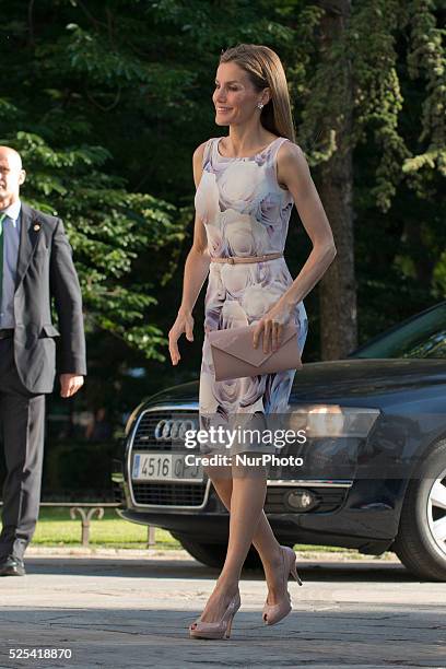 Spain's Queen Letizia arrived for the inauguration of an exhibition entitled 'El Greco y la pintura moderna' at the National Padro museum in Madrid,...