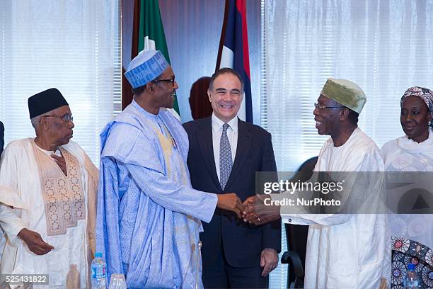 President Muhammadu Buhari with the Chairman Flour Mills Nigeria Ltd Mr John Coumantaros, Alh. Ahmed Joda, Minister of Agriculture Chief Audu Ogbeh...
