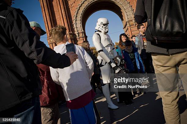 People dressed as characters from the film series Star Wars poses for photographs in Barcelona, Spain during a meeting of Star Wars fans on 29...