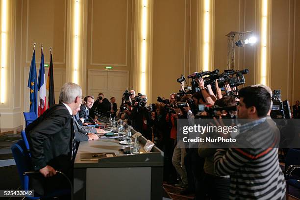 German Finance Minister Wolfgang Schauble, German Vice Chancellor and Economy Minister Sigmar Gabriel, French Finance Minister Michael Sapin, French...