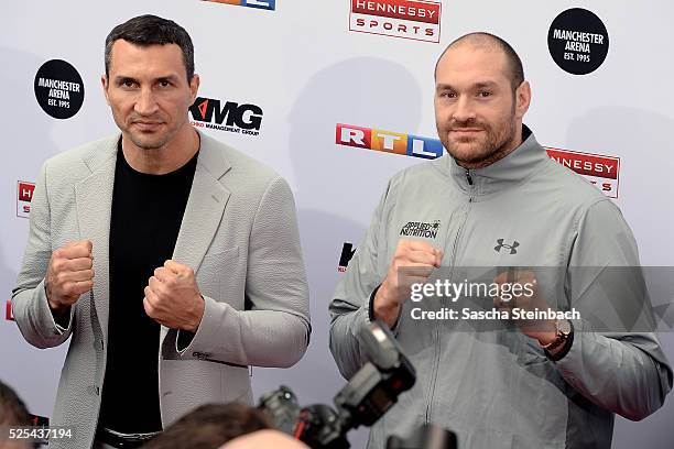 Wladimir Klitschko and Tyson Fury pose during their head to head press conference on April 28, 2016 in Cologne, Germany. Fury v Klitschko Part 2 will...