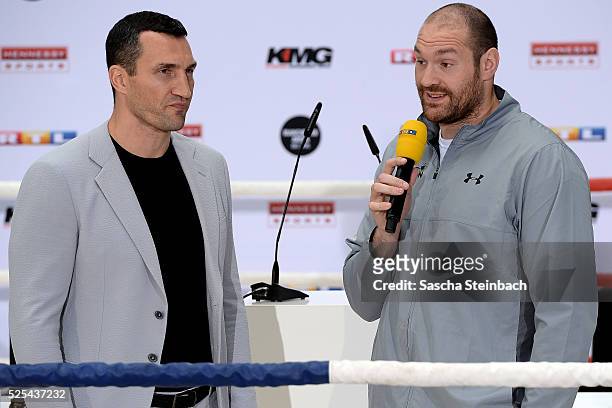 Wladimir Klitschko and Tyson Fury speak to the media during their head to head press conference on April 28, 2016 in Cologne, Germany. Fury v...