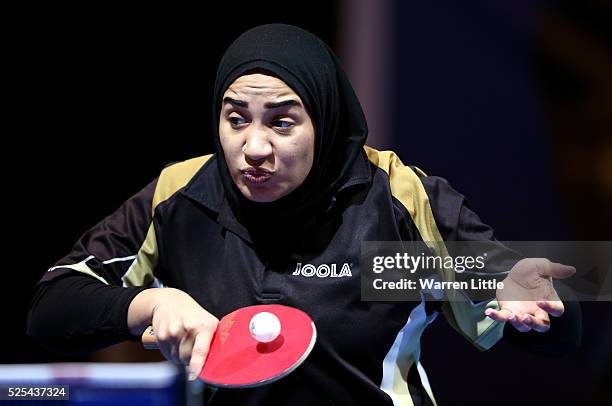 Noora Al-Abri of Qatar in action against Majd Albalooshi of the United Arab Emirates during day one of the Nakheel Table Tennis Asian Cup 2016 at...