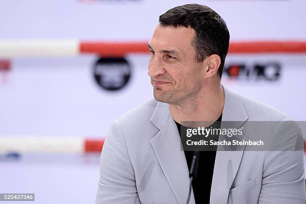 Wladimir Klitschko looks on during Tyson Fury and Wladimir Klitschko head to head press conference on April 28, 2016 in Cologne, Germany. Fury v...