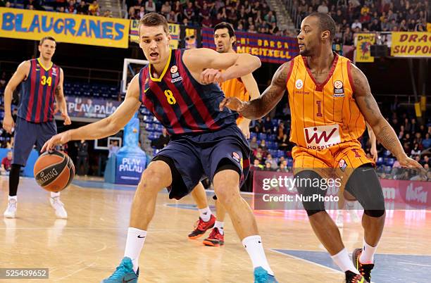 February- SPAIN: Mario Hezonja and Justin Carter in the match between FC Barcelona and Galatasaray, for the week 7 of the Top 16 of the Euroleague...