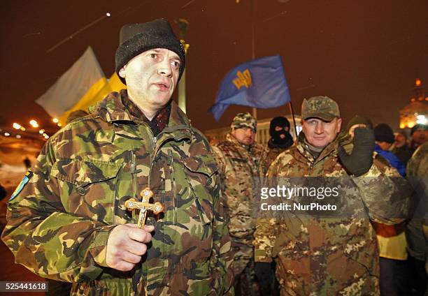 Ukrainian nationalists and their supporters in Kiev, Ukraine, on 19th January 2016, during &quot;The March of winners&quot; dedicated to the first...