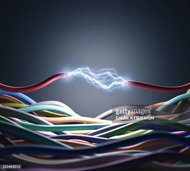 electricity cable with sparks, artwork - fuel and power generation stock illustrations