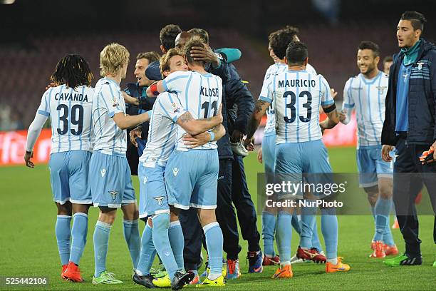 Lazio players celebrates after wining match against Naples Tim Cup semifinal return football match between SSC Napoli and Lazio at San Paolo Stadium...