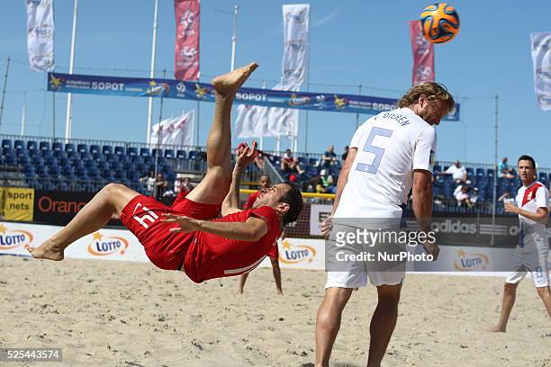Sopot , Poland 27th June 2014 Euro Beach Soccer League tournament in Sopot. Game between Portugal and Netherlands. Jose Maria Fonesca in action...