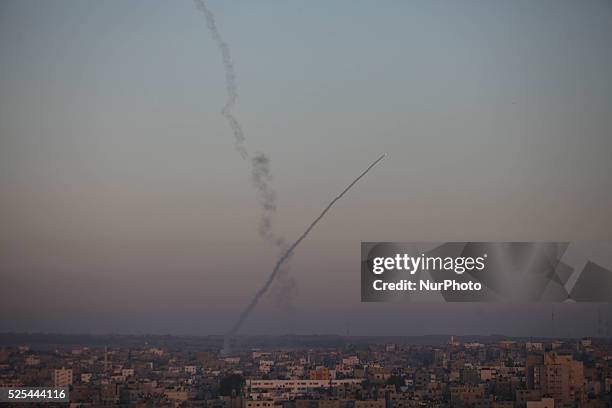 Rocket launched from the coastal strip into Israel by militants of Ezz Al-Din Al Qassam militia, the military wing of Hamas movement, in Gaza City,...
