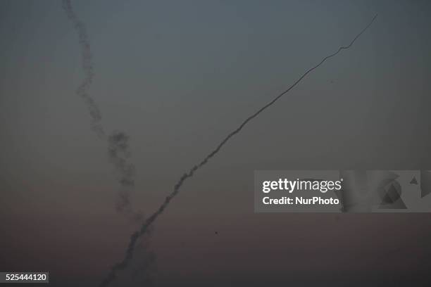 Rocket launched from the coastal strip into Israel by militants of Ezz Al-Din Al Qassam militia, the military wing of Hamas movement, in Gaza City,...