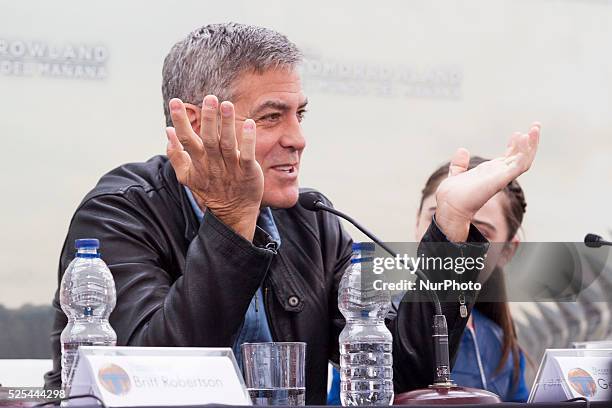 Valencia, Spain. George Clooney , Raffey Cassidy, Brad Bird and Britt Robertson have presented at a press conference the Disney last film,...