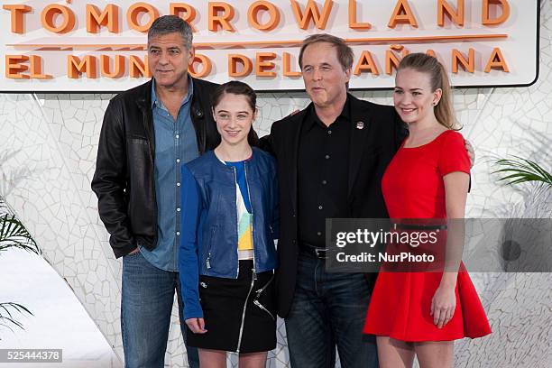 Valencia, Spain. George Clooney , Raffey Cassidy, Brad Bird and Britt Robertson have presented at a press conference the Disney last film,...