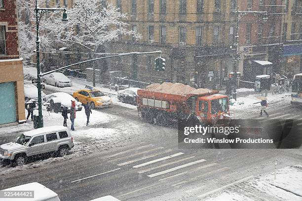 usa, new york state, new york city, snowplow on street - salz streuen stock-fotos und bilder