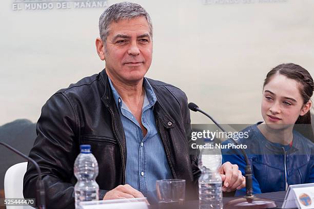 Valencia, Spain. George Clooney , Raffey Cassidy, Brad Bird and Britt Robertson have presented at a press conference the Disney last film,...