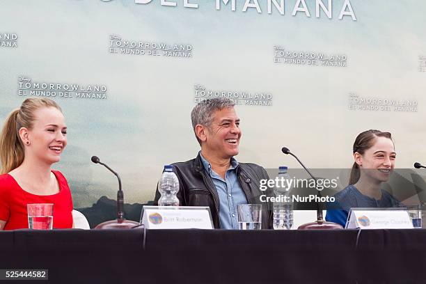 Valencia, Spain. George Clooney , Raffey Cassidy, Brad Bird and Britt Robertson have presented at a press conference the Disney last film,...