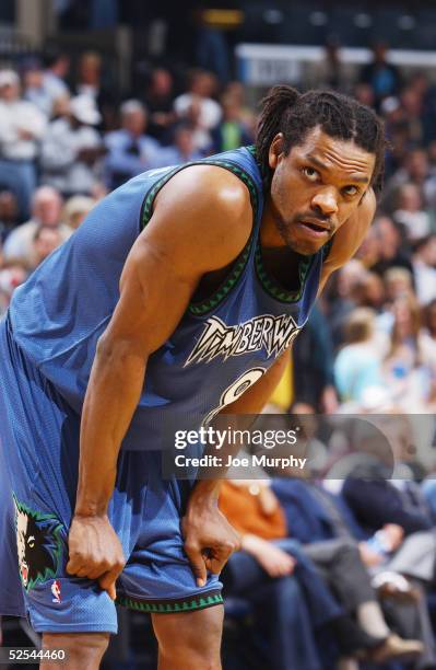 Latrell Sprewell of the Minnesota Timberwolves stands on the court during the game with the Memphis Grizzlies at FedexForum on March 18, 2005 in...
