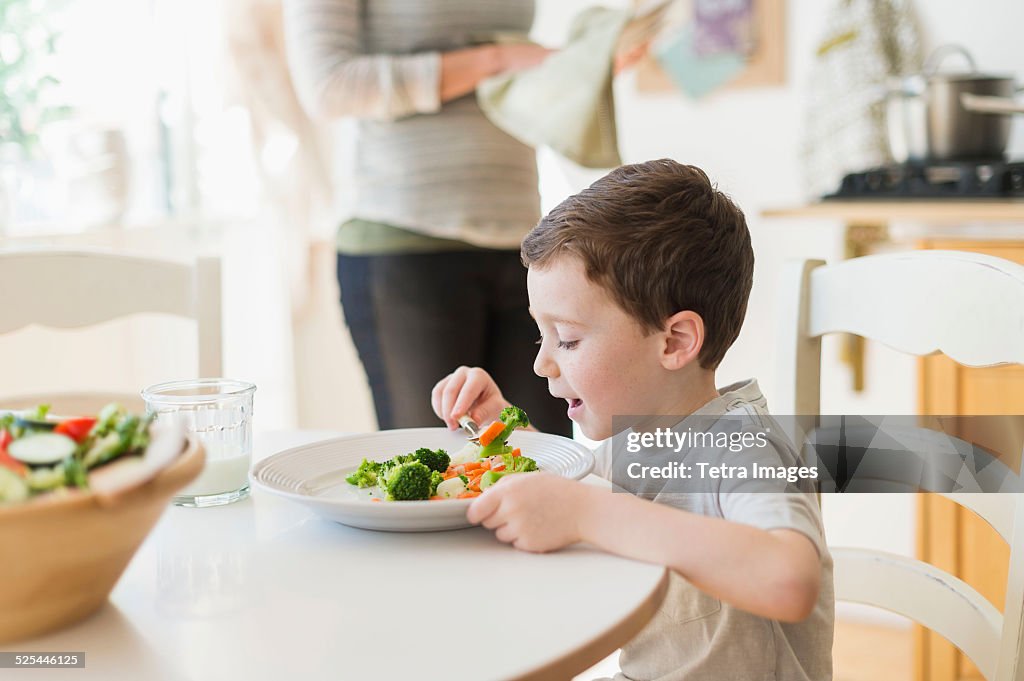 USA, New Jersey, Jersey City, Boy (6-7) eating healthy dinner, mother in background