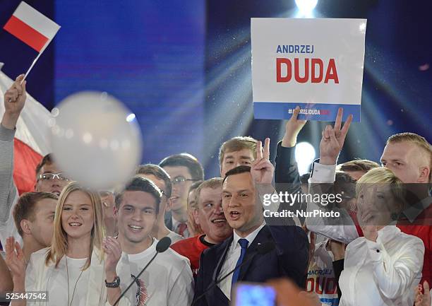 Andrzej Duda , the Law and Justice party candidate in Polish presidential election 2015, accompanied by wife Agata Kornhauser and daugther Kinga ,...