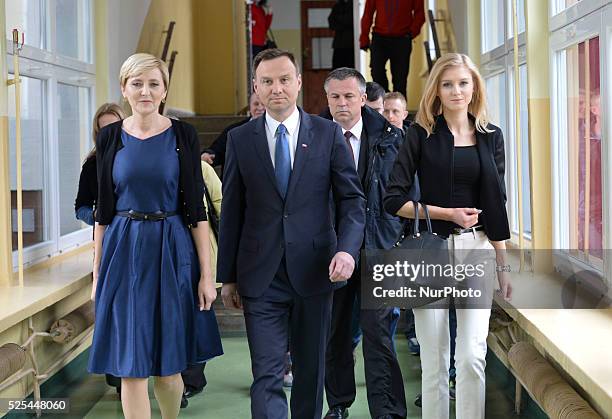 Andrzej Duda, the Law and Justice party candidate in Polish presidential election 2015, accompanied by wife Agata Kornhauser and daugther Kinga ,...