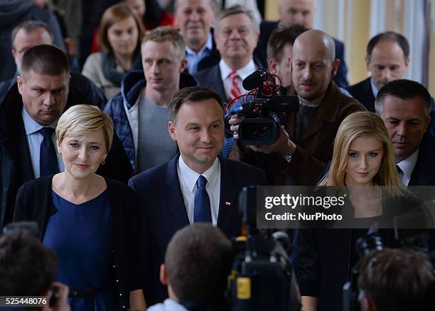 Andrzej Duda, the Law and Justice party candidate in Polish presidential election 2015, accompanied by wife Agata Kornhauser and daugther Kinga ,...