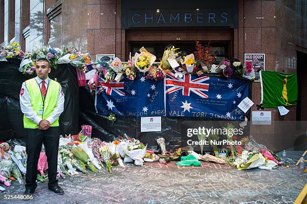 Sydney 17 December 2014 A sea of flowers at a makeshift memorial near the scene of a fatal siege in the heart of Sydney's financial district where...