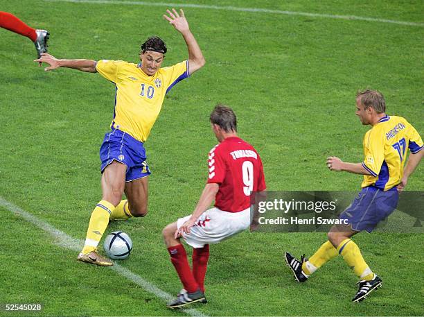 Fussball: Euro 2004 in Portugal, Vorrunde / Gruppe C / Spiel 22, Porto; Daenemark 2; Zlatan IBRAHIMOVIC / SWE, Jon Dahl TOMASSON / DEN, Anders...