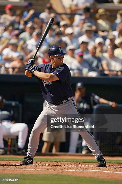 Outfielder Chris Magruder of the Milwaukee Brewers bats during a Spring Training game against the Seattle Mariners on March 7, 2005 at Peoria Sports...