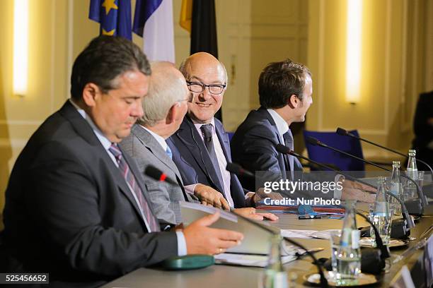 German Finance Minister Wolfgang Schauble, German Vice Chancellor and Economy Minister Sigmar Gabriel, French Finance Minister Michael Sapin, French...