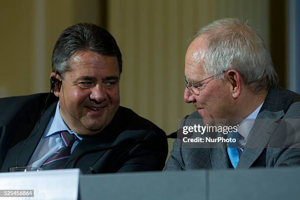 French Minister of Finance Sapin, French minister of economics Macron, German Minister of economics Gabriel and German and German Minister of Finance...