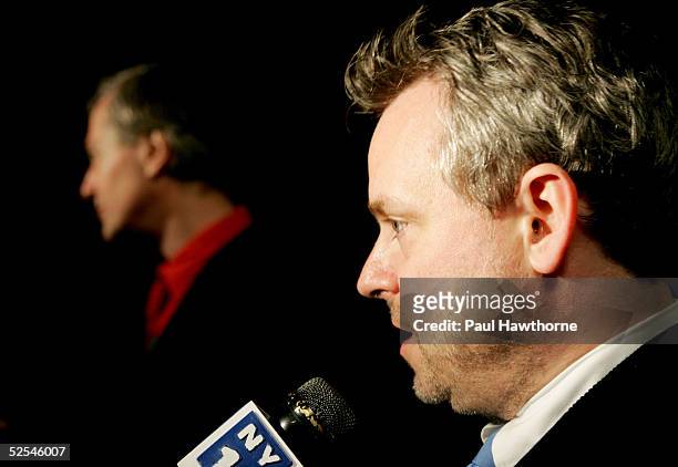 Playwright John Patrick Shanley and director Doug Hughes are interviewed while attending the opening night of "Doubt" after party at The Supper Club...