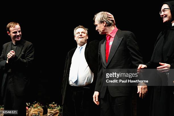 Actor Brian F. O'Byrne, director Doug Hughes, playwright John Patrick Shanley and Cherry Jones during the curtain call of "Doubt" at the Walter Kerr...