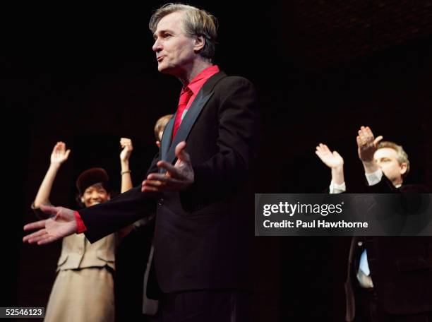 Playwright John Patrick Shanley takes a bow during the curtain call of "Doubt" at the Walter Kerr Theater on March 31, 2005 in New York City.