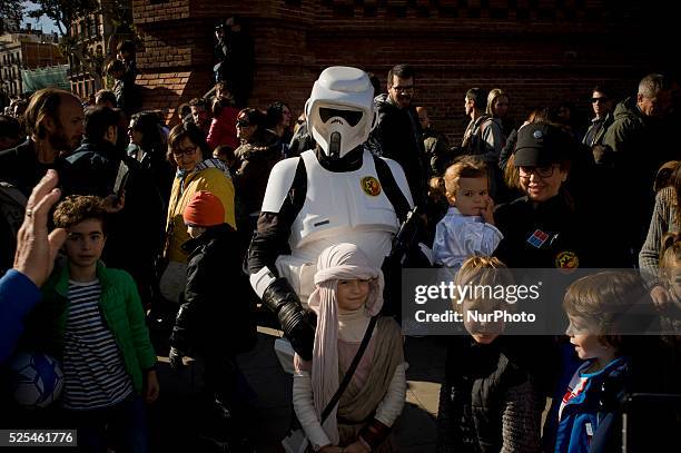 People dressed as characters from the film series Star Wars poses for photographs in Barcelona, Spain during a meeting of Star Wars fans on 29...