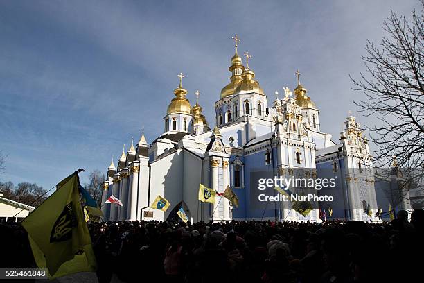 Tens of thousands of people walk a mourning during the funeral procession of the activist Mikhail Zhiznevsky, in Kiev, on Jan. 26, 2014 which was...