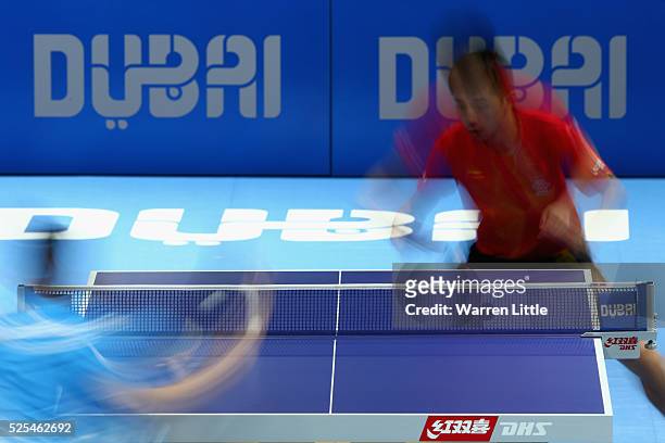 Zhang Jike of China in action against Wong Chun Ting of Hong Kong during day one of the Nakheel Table Tennis Asian Cup 2016 at Dubai World Trade...