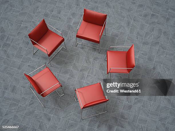 3d rendering, five red chairs in a circle - red chair stock illustrations