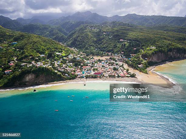 caribbean, st. lucia, aerial photo of village canaries - santa lucía fotografías e imágenes de stock
